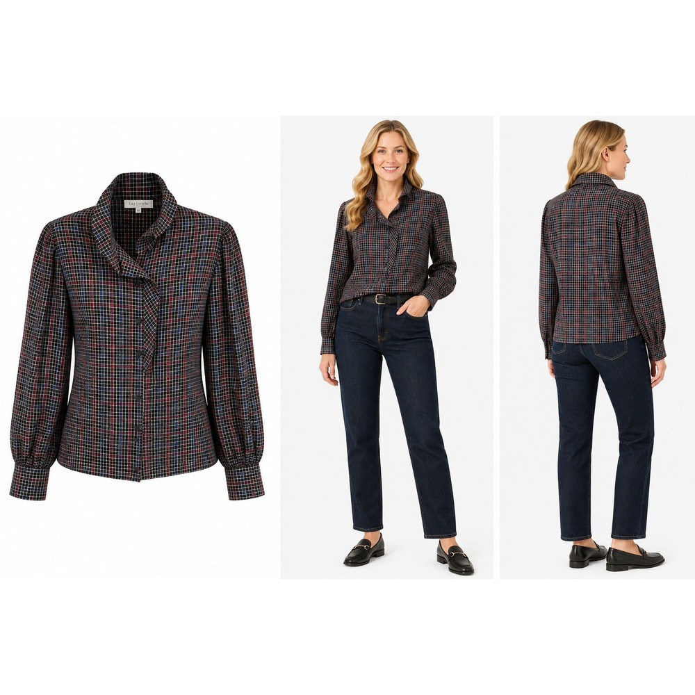 Guy Laroche Blouse Womens 8 Black Red Plaid Asymmetrical Ruffle Neck Puff Sleeve